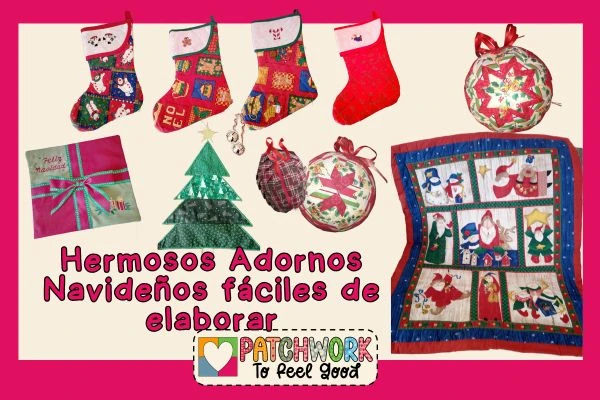 Botas navideñas, arbolitos en patchwork, acolchados y esferas navideñas