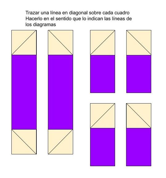 Esquema de las piezas de tela y en dónde se deben realizar las costuras para formar las puntas de la estrella en patchwork