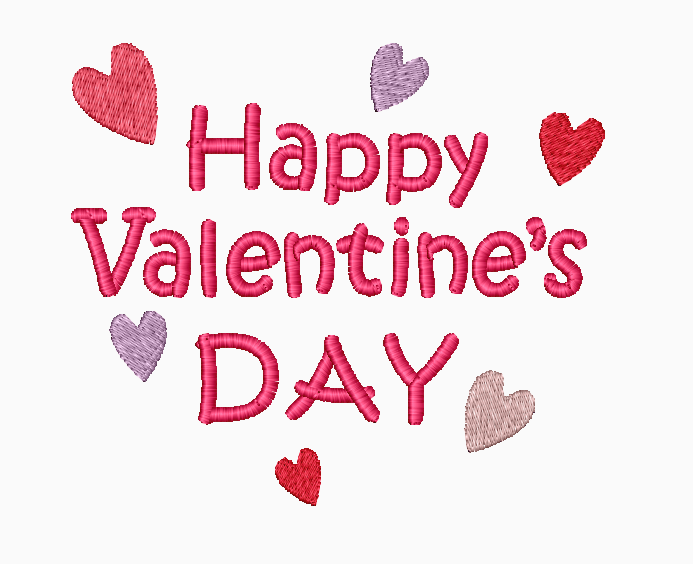 Bordado con varios corazones pequeños y la frase: Happy Valentine's Day
